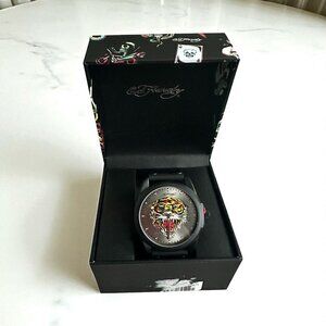 ED HARDY Men's Black Tiger Silicone Band Watch NEW NIB